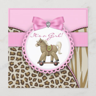 Invitation Baby Shower Fille Cheval à Bascule Brun et Rose