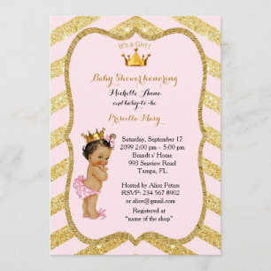 Invitation Baby shower FILLE, chevron doré, or rose vif v2