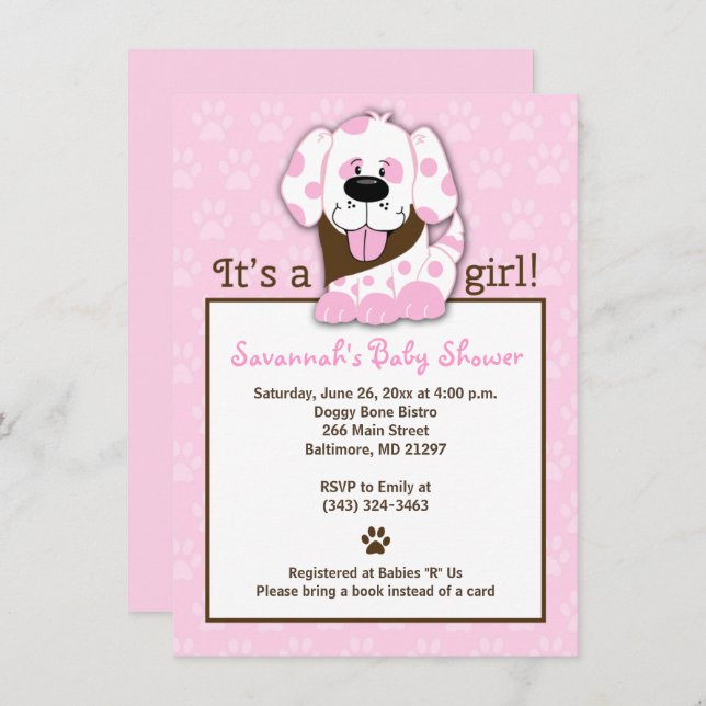 Invitation Baby shower fille chien rose (Devant / Derrière)