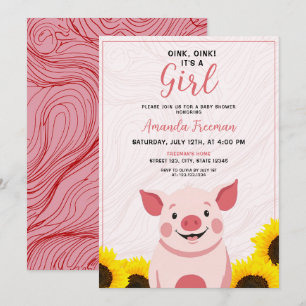 Invitation Baby shower fille cochon vers ver mignon tournesol