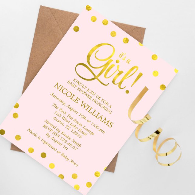 Invitation Baby shower fille Confetti Rose et Faux Gold (Créateur téléchargé)