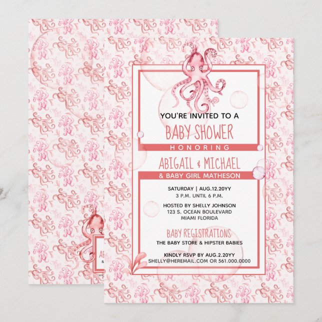 Invitation Baby shower Fille Corail et Aquarelle rose Octopus (Devant / Derrière)