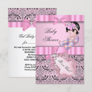 Invitation Baby shower fille Damask rose Grey