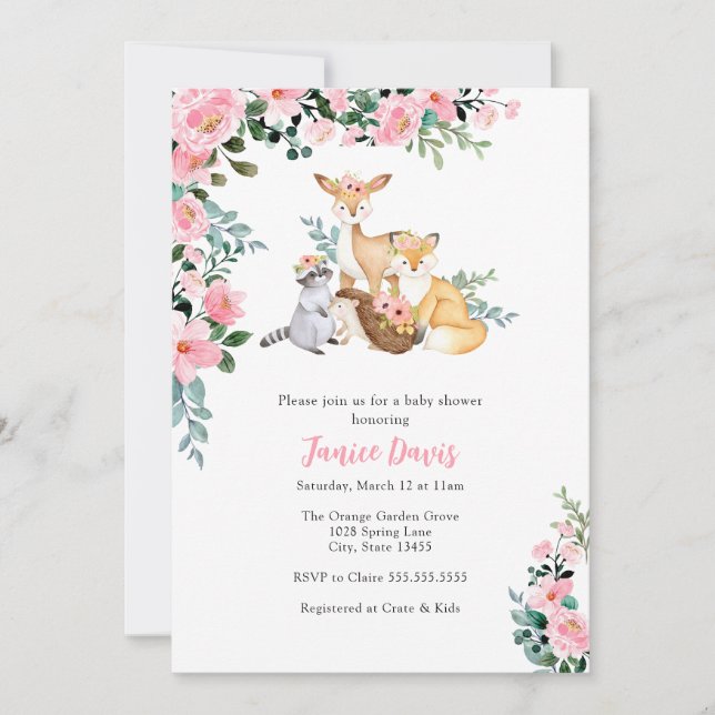 Invitation baby shower, Fille d'animaux roses de b (Devant)