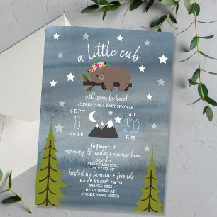 Invitation Baby shower fille d'aquarelle de l'ours dormant