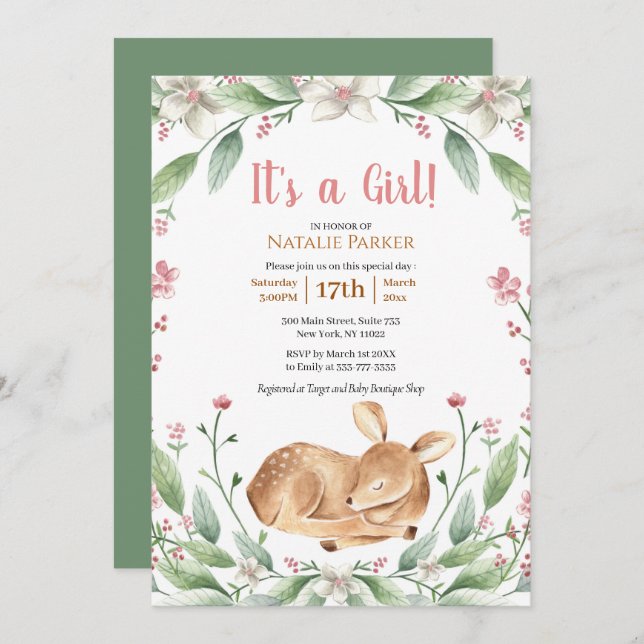 Invitation Baby shower Fille de cerf de bois (Devant / Derrière)