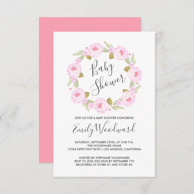 Invitation Baby shower Fille de couronne de fleurs roses (Devant / Derrière)
