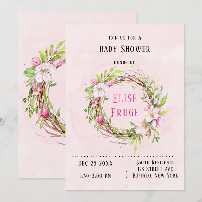 Invitation Baby shower Fille de couronnes d'arbre de fleurs d (Devant / Derrière)
