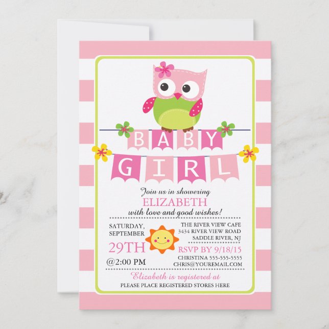 Invitation Baby shower fille de la chouette (Devant)