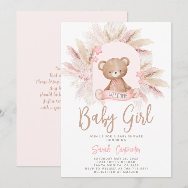 Invitation Baby shower fille de l'ours de Boho (Devant / Derrière)