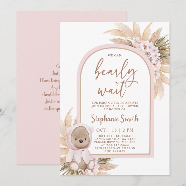 Invitation Baby shower fille de l'ours de Boho (Devant / Derrière)