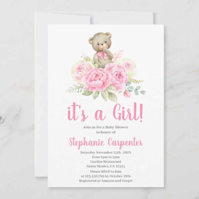 Invitation Baby shower fille de l'ours en peluche (Devant)