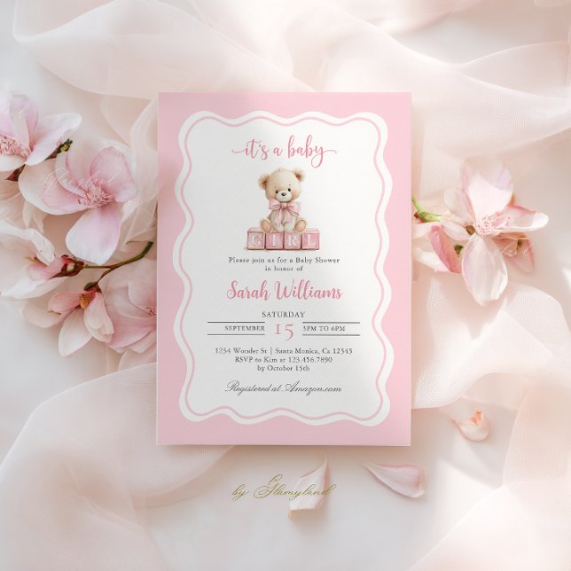 Invitation Baby shower fille de l'ours rose Teddy (Créateur téléchargé)