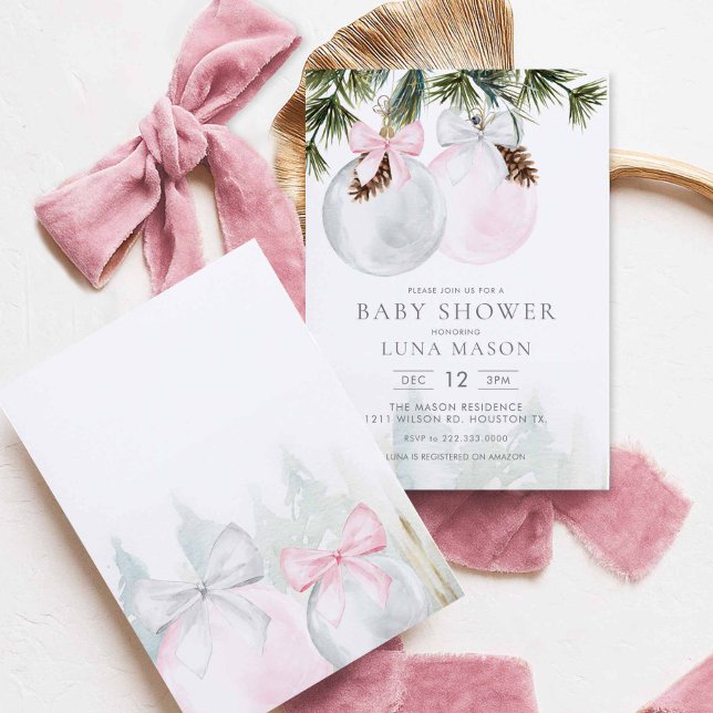 Invitation Baby shower Fille de Noël (Pink Christmas Winter Girl Baby Shower Invitation)