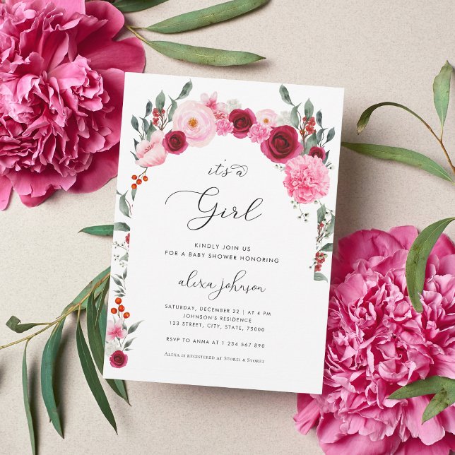 Invitation Baby shower Fille de Noël Rose Floral d'hiver (Créateur téléchargé)