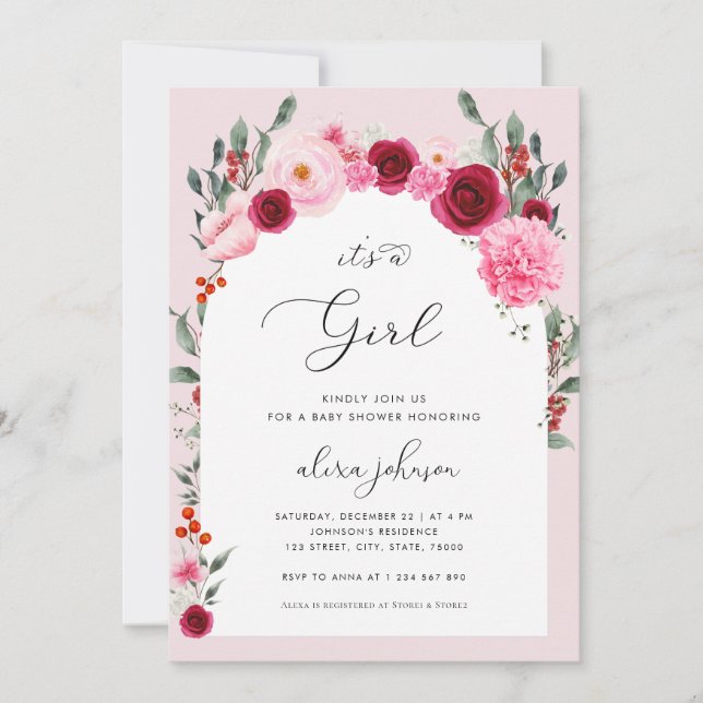 Invitation Baby shower Fille de Noël Rose Floral d'hiver (Devant)