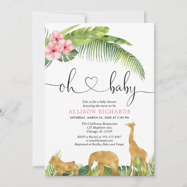 Invitation Baby shower fille de safari en or rose jungle (Devant)