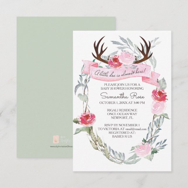 Invitation BABY SHOWER fille DEER ANTLER Invitation, rose (Devant / Derrière)