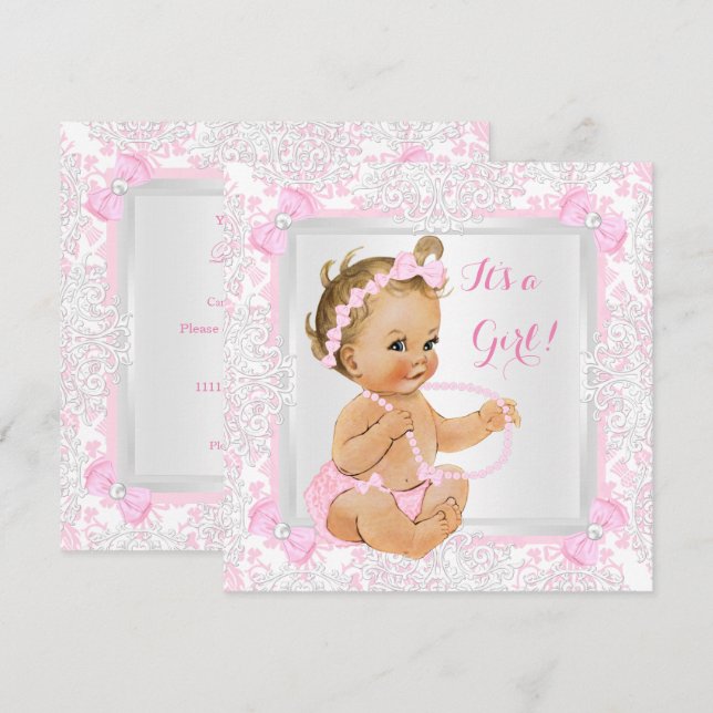 Invitation Baby shower fille dentelle Damask Blonde rose (Devant / Derrière)