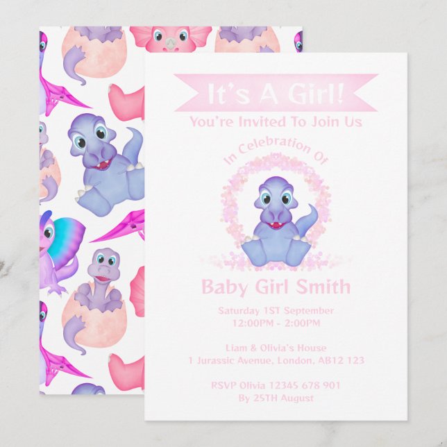 Invitation Baby shower fille Dinosaur Dinosaur Dino Personnal (Devant / Derrière)