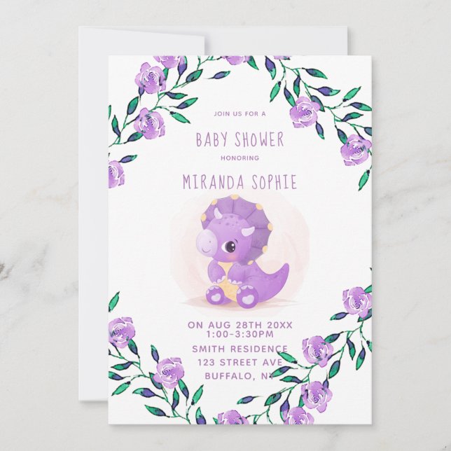 Invitation Baby shower fille Dinosaure mou pourpre (Devant)