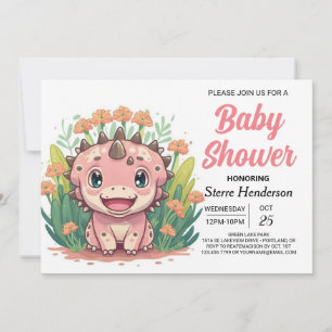 Invitation Baby shower fille Dinosaure Rose enchanté