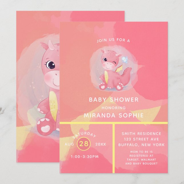 Invitation Baby shower fille Dinosaure rose et jaune mignon (Devant / Derrière)