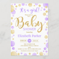Invitation Baby shower fille - Dots d'or violet