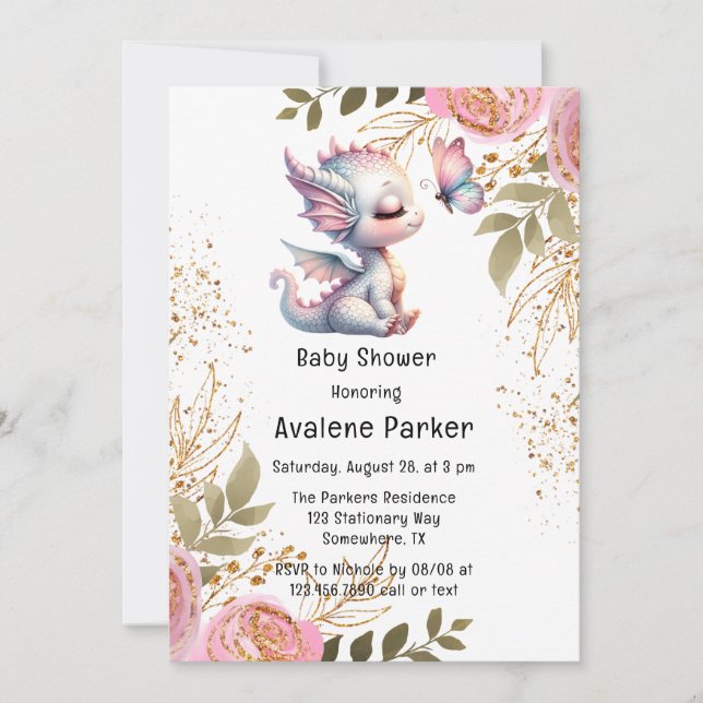 Invitation Baby shower fille dragon mignonne et papillon (Devant)