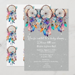Invitation Baby shower fille Dreamcatcher blanc et rose