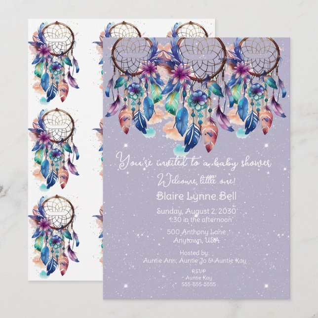 Invitation Baby shower fille Dreamcatcher violet et bleu (Devant / Derrière)