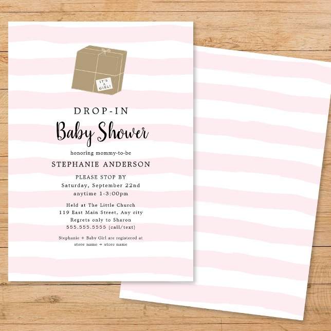 Invitation Baby shower fille DROP-IN à bande d'aquarelle rose (Créateur téléchargé)