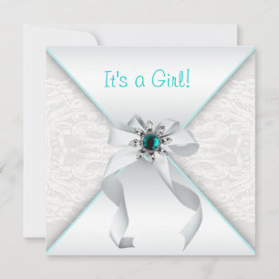 Invitation Baby Shower Fille Élégant Blanc et Bleu Turquoise