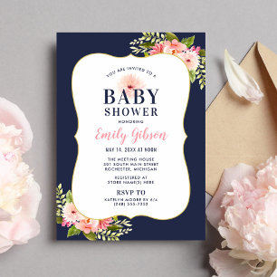 Invitation Baby Shower Fille Élégant Marine et Or Floral