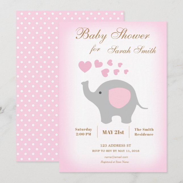 Invitation Baby shower fille Elephant Coeurs roses (Devant / Derrière)