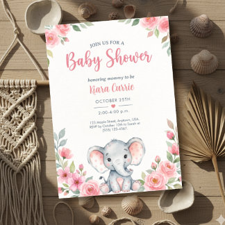 Invitation Baby Shower Fille Éléphant Floral Rose Rose Clair