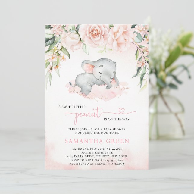 Invitation Baby Shower Fille Éléphant Rose (Debout devant)