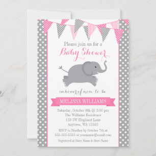 Invitation Baby-Shower Fille Éléphant Rose Grise à Points
