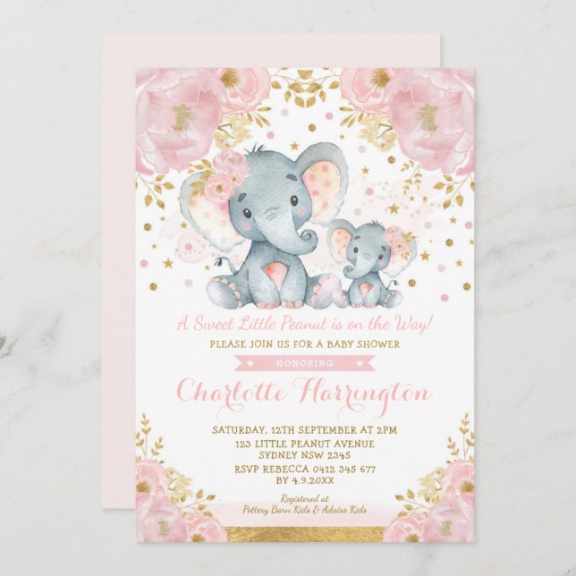 Invitation Baby shower fille Eléphant Rose & Or mignon (Devant / Derrière)