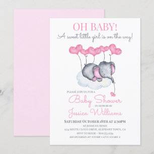 Invitation Baby Shower Fille Éléphant Rose sur Nuage