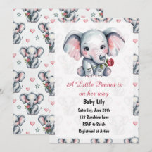Baby Shower Fille Éléphant Roseau Aquarelle Rose