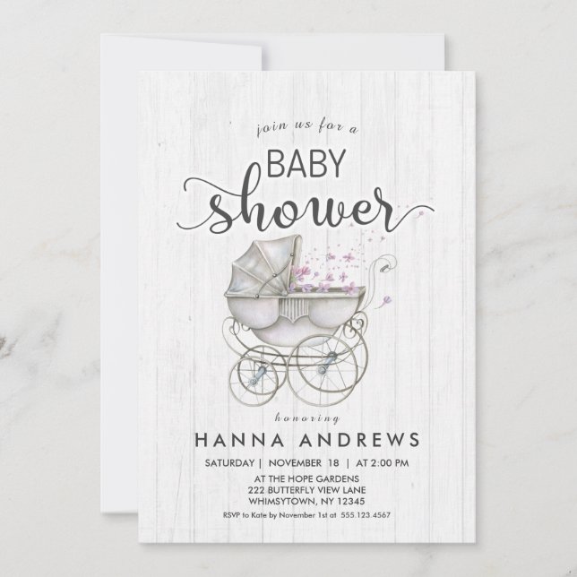 Invitation Baby shower fille en bois blanc et tran (Devant)
