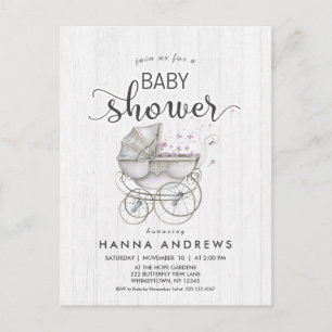 Invitation Baby shower fille en bois blanc et tran