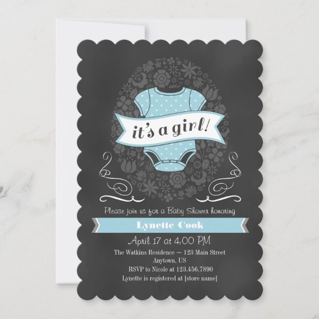 Invitation Baby shower fille en tableau bleu clair (Devant)