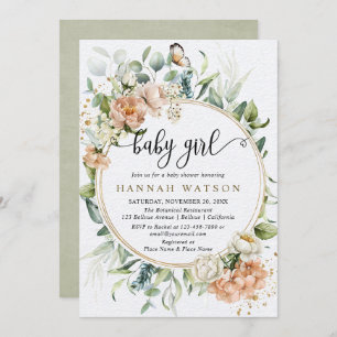 Invitation Baby shower fille Eucalyptus rose rose pâle