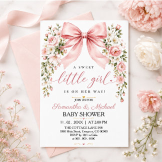 Invitation Baby Shower Fille Fleur Rose Pâle Ruban