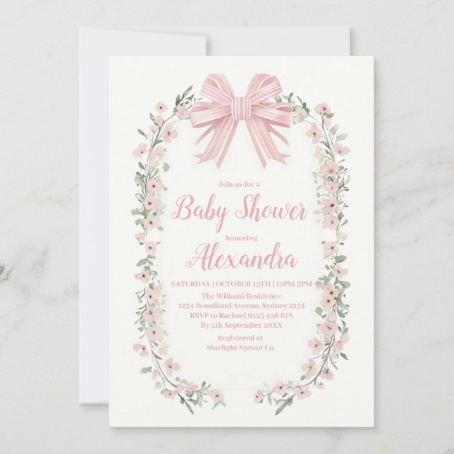 Invitation Baby Shower Fille Fleur Rose Ruban (Devant)