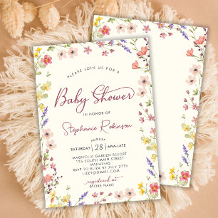 Invitation Baby shower fille Fleur sauvage de chic Script Boh