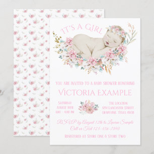 Invitation Baby Shower Fille Fleurs Aquarelle