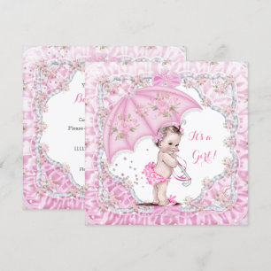Invitation Baby Shower Fille Fleurs Vintage Parapluie Rose